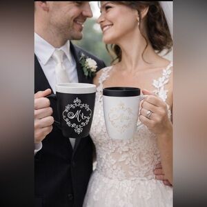 NWT  Disney Parks Wedding Mug Set Mr. & Mrs. Love Is Magical Black White Matte.